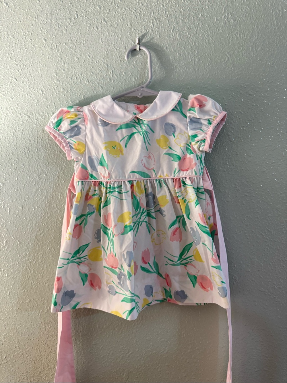 The Beaufort Bonnet Company White Floral Peter Pan Collar Dress with Pink Ties